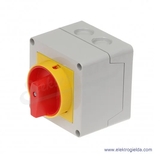 Łącznik krzywkowy GX1610P25 0-1, 3 tory 16A, AC3/400V 4,5KW pokrętło żółto-czerwone z możliwością blokady, w obudowie IP65 Łącznik krzywkowy GX1610P25 0-1, 3 tory 16A, AC3/400V 4,5KW pokrętło żółto-czerwone z możliwością blokady, w obudowie IP65