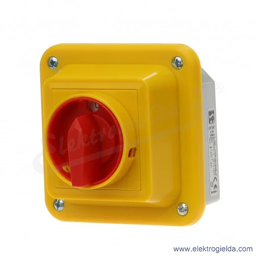 ŁK16R-2.8210\OB1ZC 0-1 4P w obudowie OB1, pokretło żółto-czerwone z mozliwością zamkniecia, obudowa w kolorze szarym, IP65 ŁK16R-2.8210\OB1ZC 0-1 4P w obudowie OB1, pokretło żółto-czerwone z mozliwością zamkniecia, obudowa w kolorze szarym, IP65