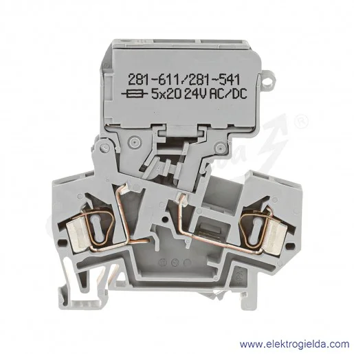 Złączka bezpiecznikowa 281-611/281-541 4mm2, szara, do bezpieczników 5x20mm, z sygnalizacją przepalenia wkładki Złączka bezpiecznikowa 281-611/281-541 4mm2, szara, do bezpieczników 5x20mm, z sygnalizacją przepalenia wkładki