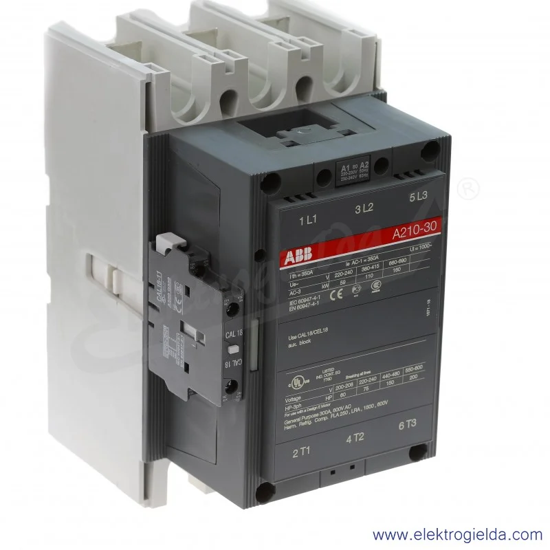 Stycznik A210-30-11 230V AC 50/60 HZ, 1NO+1NC, 110KW/400V AC-3, 350A AC-1, 3-polowy Stycznik A210-30-11 230V AC 50/60 HZ, 1NO+1NC, 110KW/400V AC-3, 350A AC-1, 3-polowy