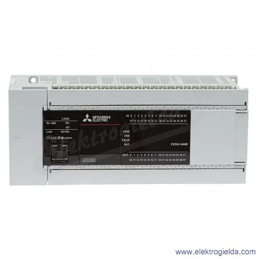 Sterownik PLC 280494, FX5U-64MT/ESS CPU 100-240VAC, 32 wejścia, 32 wyjścia tranzystorowe, 2 wejścia analogowe, Ethernet, RS485 Sterownik PLC 280494, FX5U-64MT/ESS CPU 100-240VAC, 32 wejścia, 32 wyjścia tranzystorowe, 2 wejścia analogowe, Ethernet, RS485