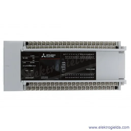 Sterownik PLC 280494, FX5U-64MT/ESS CPU 100-240VAC, 32 wejścia, 32 wyjścia tranzystorowe, 2 wejścia analogowe, Ethernet, RS485 Sterownik PLC 280494, FX5U-64MT/ESS CPU 100-240VAC, 32 wejścia, 32 wyjścia tranzystorowe, 2 wejścia analogowe, Ethernet, RS485