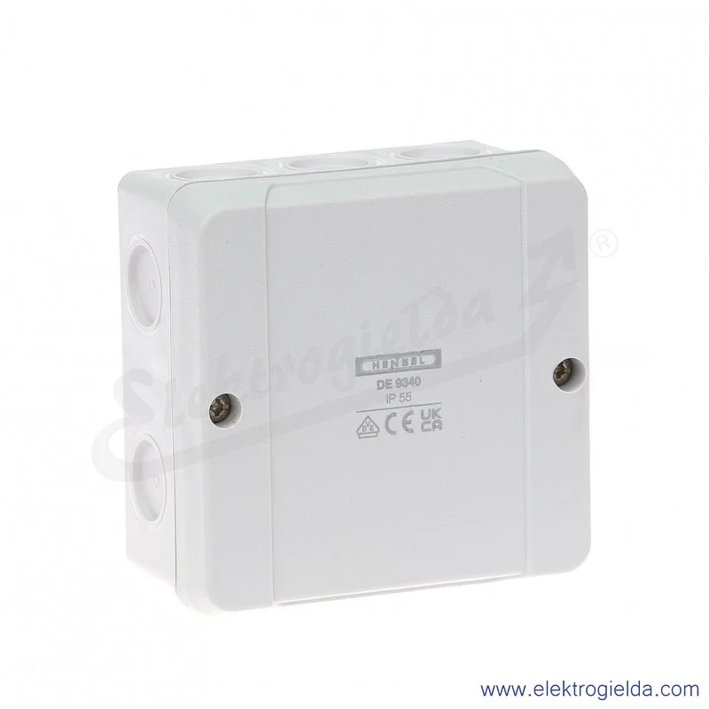 Puszka odgałęźna DE 9340 szara, IP 55, 98x98x52mm, z dławnicami membranowymi, bez zacisków Puszka odgałęźna DE 9340 szara, IP 55, 98x98x52mm, z dławnicami membranowymi, bez zacisków
