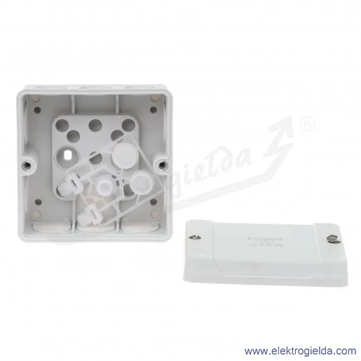 Puszka odgałęźna DE 9340 szara, IP 55, 98x98x52mm, z dławnicami membranowymi, bez zacisków Puszka odgałęźna DE 9340 szara, IP 55, 98x98x52mm, z dławnicami membranowymi, bez zacisków
