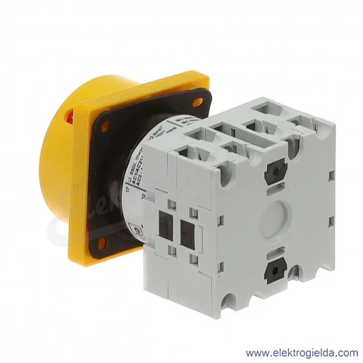 Łącznik krzywkowy GX2010U25 0-1, 3 tory 20A, AC3/400V 5,5KW, pokrętło żółto-czerwone z możliwością blokady, bez obudowy Łącznik krzywkowy GX2010U25 0-1, 3 tory 20A, AC3/400V 5,5KW, pokrętło żółto-czerwone z możliwością blokady, bez obudowy