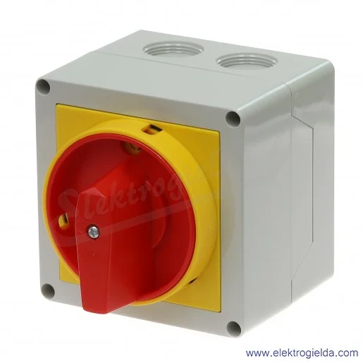 Łącznik krzywkowy GX3210P25 0-1, 3 tory 16A, AC3/400V 11KW pokrętło żółto-czerwone z możliwością blokady, w obudowie IP65 Łącznik krzywkowy GX3210P25 0-1, 3 tory 16A, AC3/400V 11KW pokrętło żółto-czerwone z możliwością blokady, w obudowie IP65