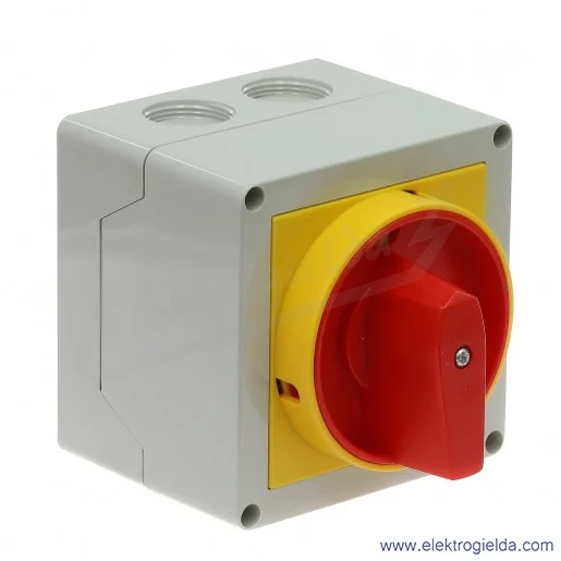 Łącznik krzywkowy GX3210P25 0-1, 3 tory 16A, AC3/400V 11KW pokrętło żółto-czerwone z możliwością blokady, w obudowie IP65 Łącznik krzywkowy GX3210P25 0-1, 3 tory 16A, AC3/400V 11KW pokrętło żółto-czerwone z możliwością blokady, w obudowie IP65