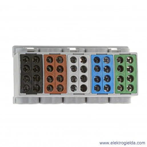 Blok rozdzielczy F2.0387 HLK 5x100A-2 zacisk 5x16, 5x25, brązowy/szary/czarny/niebieski/zielony wymiar 49x97x36mm Blok rozdzielczy F2.0387 HLK 5x100A-2 zacisk 5x16, 5x25, brązowy/szary/czarny/niebieski/zielony wymiar 49x97x36mm