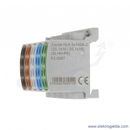 Blok rozdzielczy F2.0387 HLK 5x100A-2 zacisk 5x16, 5x25, brązowy/szary/czarny/niebieski/zielony wymiar 49x97x36mm Blok rozdzielczy F2.0387 HLK 5x100A-2 zacisk 5x16, 5x25, brązowy/szary/czarny/niebieski/zielony wymiar 49x97x36mm