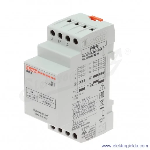 PMV20A575 Przekaźnik kontrolny Ue 208...575VAC do układów trójfazowych bez przewodu neutralnego, wykrywa zanik i kolejność faz,  PMV20A575 Przekaźnik kontrolny Ue 208...575VAC do układów trójfazowych bez przewodu neutralnego, wykrywa zanik i kolejność faz,