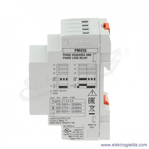 PMV20A575 Przekaźnik kontrolny Ue 208...575VAC do układów trójfazowych bez przewodu neutralnego, wykrywa zanik i kolejność faz,  PMV20A575 Przekaźnik kontrolny Ue 208...575VAC do układów trójfazowych bez przewodu neutralnego, wykrywa zanik i kolejność faz,