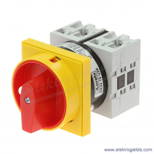 Łącznik krzywkowy GX3210U25 0-1, 3 tory 32A, AC3/400V 11KW, pokrętło żółto-czerwone z możliwością blokady, bez obudowy Łącznik krzywkowy GX3210U25 0-1, 3 tory 32A, AC3/400V 11KW, pokrętło żółto-czerwone z możliwością blokady, bez obudowy