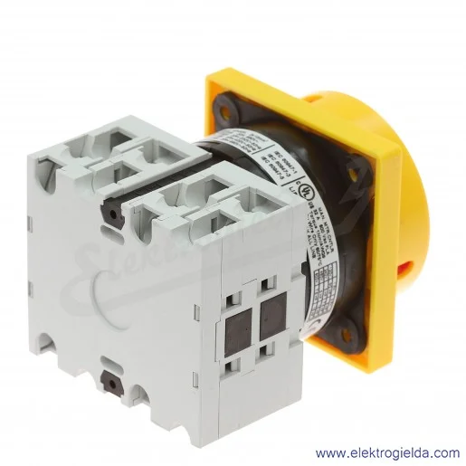 Łącznik krzywkowy GX3210U25 0-1, 3 tory 32A, AC3/400V 11KW, pokrętło żółto-czerwone z możliwością blokady, bez obudowy Łącznik krzywkowy GX3210U25 0-1, 3 tory 32A, AC3/400V 11KW, pokrętło żółto-czerwone z możliwością blokady, bez obudowy