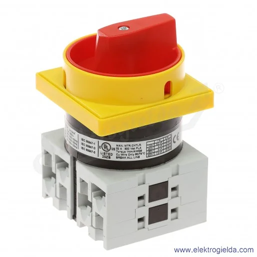 Łącznik krzywkowy GX3210U25 0-1, 3 tory 32A, AC3/400V 11KW, pokrętło żółto-czerwone z możliwością blokady, bez obudowy Łącznik krzywkowy GX3210U25 0-1, 3 tory 32A, AC3/400V 11KW, pokrętło żółto-czerwone z możliwością blokady, bez obudowy