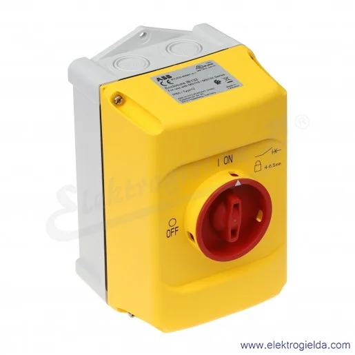 Obudowa IB132-Y napęd czerwony/żółty o stopniu ochrony IP65 z możliwością blokowania na maksymalnie trzy kłódki o średnicy pałąk Obudowa IB132-Y napęd czerwony/żółty o stopniu ochrony IP65 z możliwością blokowania na maksymalnie trzy kłódki o średnicy pałąk