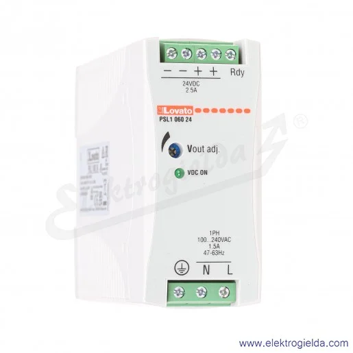 Zasilacz impulsowy PSL106024 napięcie zasilania 100..240VAC, napięcie wyjściowe 24VDC 2.5A, moc 60W, zaciski śrubowe, montaż DIN Zasilacz impulsowy PSL106024 napięcie zasilania 100..240VAC, napięcie wyjściowe 24VDC 2.5A, moc 60W, zaciski śrubowe, montaż DIN