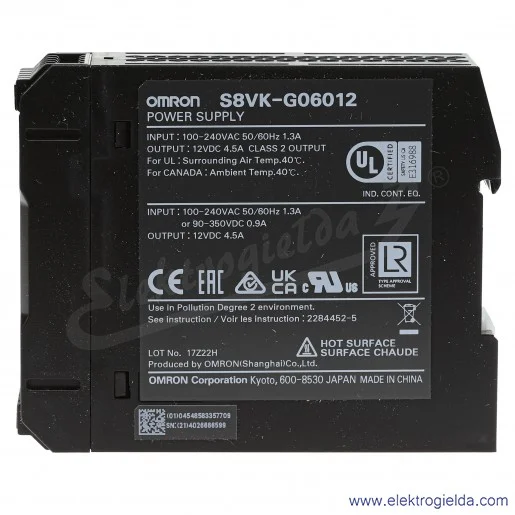 Zasilacz impulsowy S8VK-G06012 zasilanie 85..264VAC lub 90..350VDC, wyjście 12VDC moc 60W 4.5A, montaż DIN Zasilacz impulsowy S8VK-G06012 zasilanie 85..264VAC lub 90..350VDC, wyjście 12VDC moc 60W 4.5A, montaż DIN