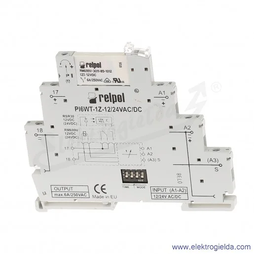 Przekaźnik czasowy wąskoprofilowy PIR6WT-1Z-12VAC/DC-R z wyjściem stykowym 1Z, 9 -funkcji Przekaźnik czasowy wąskoprofilowy PIR6WT-1Z-12VAC/DC-R z wyjściem stykowym 1Z, 9 -funkcji