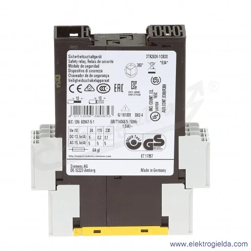 Przekaźnik bezpieczeństwa 3TK2824-1CB30 JEDNOSTKA PODST. AC/DC 24V, ZESTYKI ZWALNIAJĄCE: 2NO, AUTOSTART Przekaźnik bezpieczeństwa 3TK2824-1CB30 JEDNOSTKA PODST. AC/DC 24V, ZESTYKI ZWALNIAJĄCE: 2NO, AUTOSTART