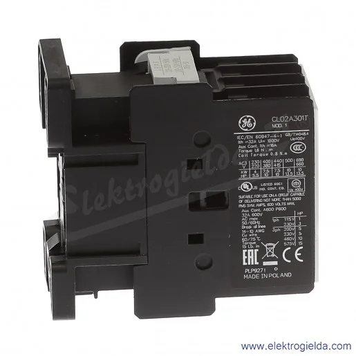 Stycznik CL02A301T6 230V AC 50/60 HZ, 1NC, 7.5KW/400V AC-3, 32A AC-1, 3-polow Stycznik CL02A301T6 230V AC 50/60 HZ, 1NC, 7.5KW/400V AC-3, 32A AC-1, 3-polow