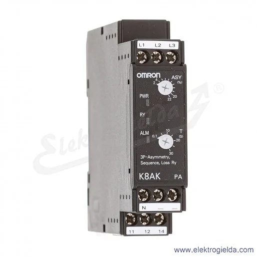 Przekaźnik kontrolny K8AK-PA2 zasilanie 220..480V, asymetria i zanik faz, kolejność faz w systemach 3 i 4 przewodowych, SPDT Przekaźnik kontrolny K8AK-PA2 zasilanie 220..480V, asymetria i zanik faz, kolejność faz w systemach 3 i 4 przewodowych, SPDT