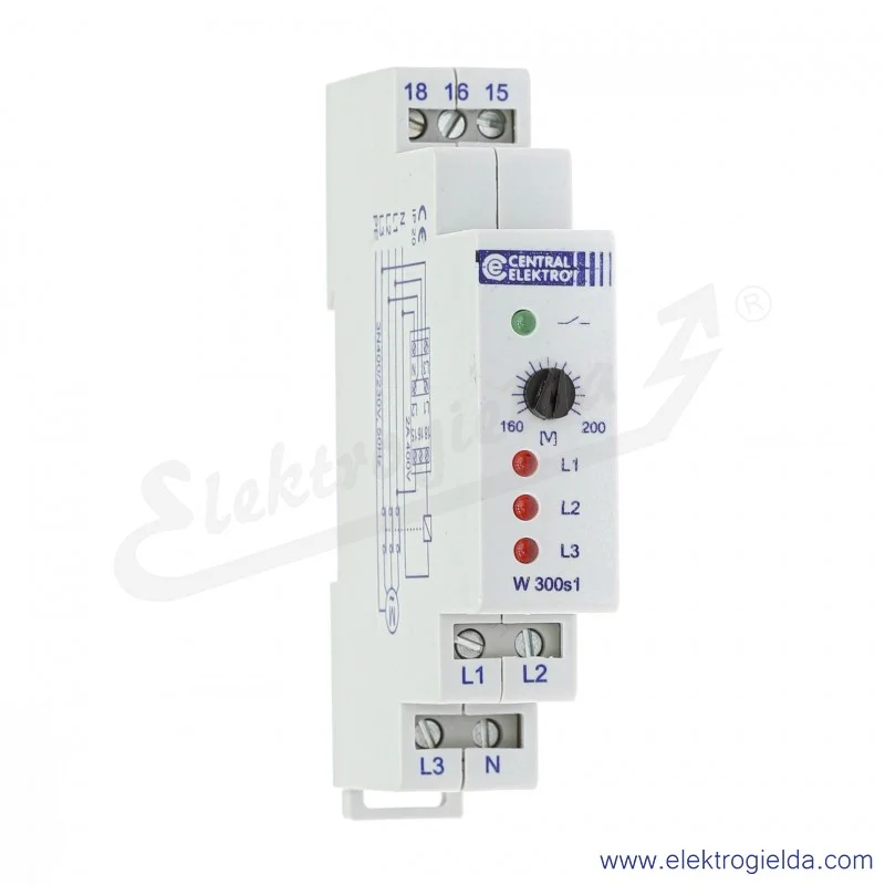 Przekaźnik zaniku fazy W-300s1 3N, 230..400VAC, regulacja 160..200V Przekaźnik zaniku fazy W-300s1 3N, 230..400VAC, regulacja 160..200V