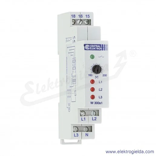 Przekaźnik zaniku fazy W-300s1 3N, 230..400VAC, regulacja 160..200V Przekaźnik zaniku fazy W-300s1 3N, 230..400VAC, regulacja 160..200V