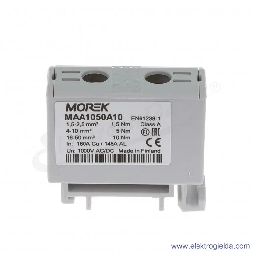 Złączka szynowa MAA1050A10, 1,5-50mm2, szary, 1xAL/CU zacisk uniwersalny, OTL50, 1000V Złączka szynowa MAA1050A10, 1,5-50mm2, szary, 1xAL/CU zacisk uniwersalny, OTL50, 1000V