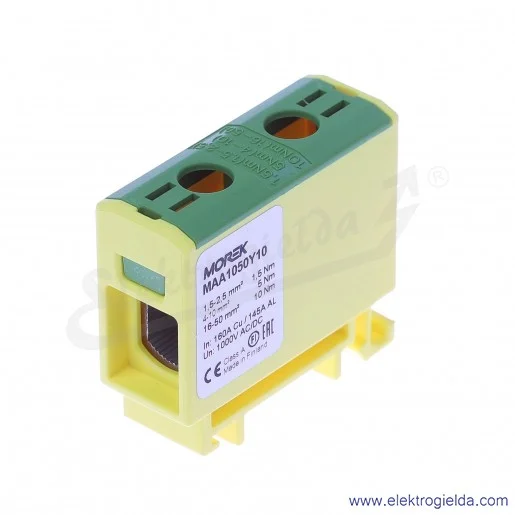 Złączka szynowa MAA1050Y10, 1,5-50mm2, żółto-zielona, 1xAL/CU, zacisk uniwersalny, OTL50, 1000V Złączka szynowa MAA1050Y10, 1,5-50mm2, żółto-zielona, 1xAL/CU, zacisk uniwersalny, OTL50, 1000V