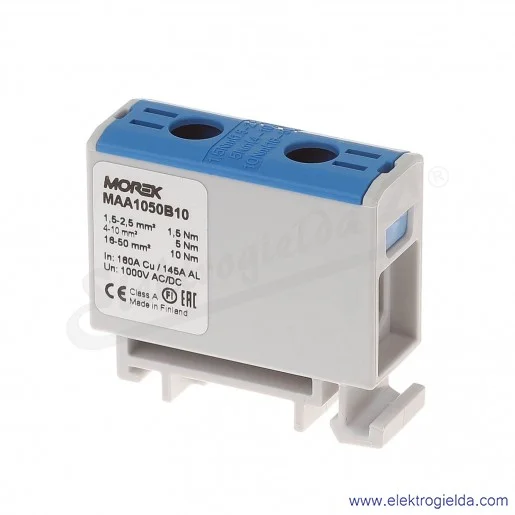 Złączka szynowa MAA1050B10, 1,5-50mm2, niebieska 1xAL/CU, zacisk uniwersalny, OTL50, 1000V Złączka szynowa MAA1050B10, 1,5-50mm2, niebieska 1xAL/CU, zacisk uniwersalny, OTL50, 1000V