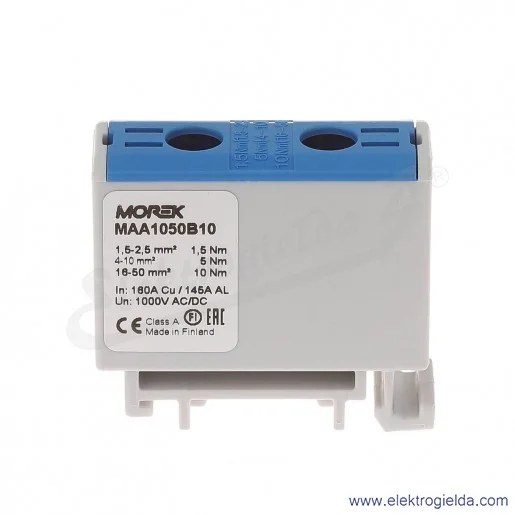 Złączka szynowa MAA1050B10, 1,5-50mm2, niebieska 1xAL/CU, zacisk uniwersalny, OTL50, 1000V Złączka szynowa MAA1050B10, 1,5-50mm2, niebieska 1xAL/CU, zacisk uniwersalny, OTL50, 1000V