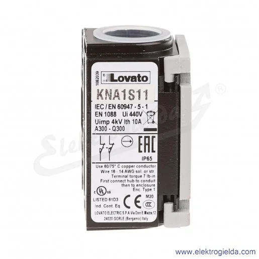Wyłącznik krańcowy KNA1S11 dźwignia trzpień wciskany, styki 1NO+1NC, obudowa metalowa IP65 Wyłącznik krańcowy KNA1S11 dźwignia trzpień wciskany, styki 1NO+1NC, obudowa metalowa IP65