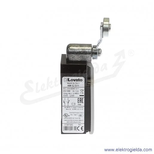 Wyłącznik krańcowy KMES11 dźwignia uchylna z rolką metalową 19mm, styki 1NO+1NC, obudowa metalowa IP65 Wyłącznik krańcowy KMES11 dźwignia uchylna z rolką metalową 19mm, styki 1NO+1NC, obudowa metalowa IP65