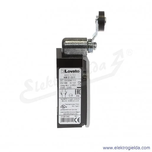 Wyłącznik krańcowy KME1S11 dźwignia uchylna z rolką plastikową 19mm, styki 1NO+1NC, obudowa metalowa IP65 Wyłącznik krańcowy KME1S11 dźwignia uchylna z rolką plastikową 19mm, styki 1NO+1NC, obudowa metalowa IP65