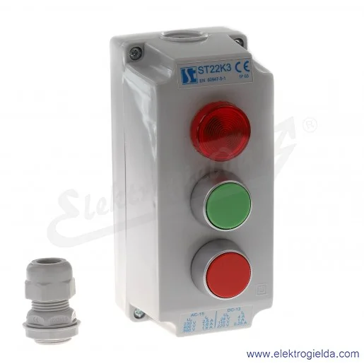 Kaseta sterownicza ST22K3\05-1, ST22 K3 Lc-Kc-Kz 3-otworowa, z przyciskami KZ(NO) KC(NC), 1 przepust M20, lampka czerwona 230V Kaseta sterownicza ST22K3\05-1, ST22 K3 Lc-Kc-Kz 3-otworowa, z przyciskami KZ(NO) KC(NC), 1 przepust M20, lampka czerwona 230V