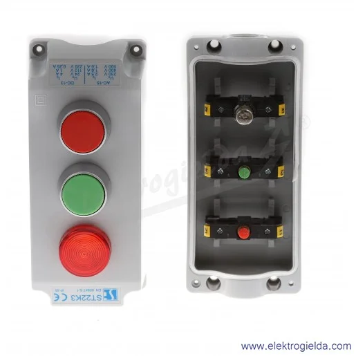 Kaseta sterownicza ST22K3\05-1, ST22 K3 Lc-Kc-Kz 3-otworowa, z przyciskami KZ(NO) KC(NC), 1 przepust M20, lampka czerwona 230V Kaseta sterownicza ST22K3\05-1, ST22 K3 Lc-Kc-Kz 3-otworowa, z przyciskami KZ(NO) KC(NC), 1 przepust M20, lampka czerwona 230V