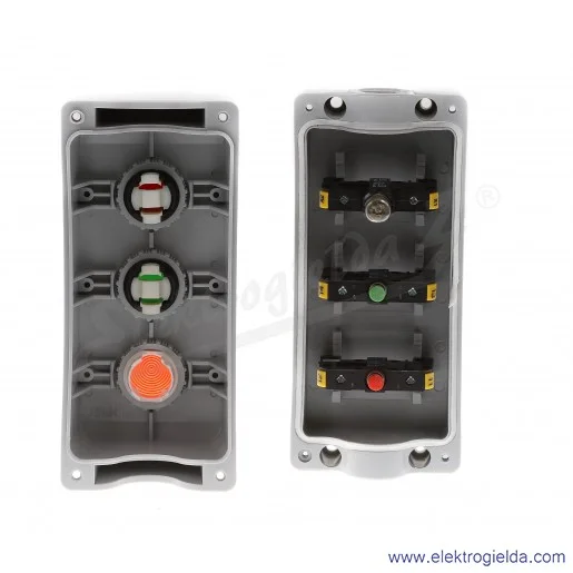 Kaseta sterownicza ST22K3\05-1, ST22 K3 Lc-Kc-Kz 3-otworowa, z przyciskami KZ(NO) KC(NC), 1 przepust M20, lampka czerwona 230V Kaseta sterownicza ST22K3\05-1, ST22 K3 Lc-Kc-Kz 3-otworowa, z przyciskami KZ(NO) KC(NC), 1 przepust M20, lampka czerwona 230V