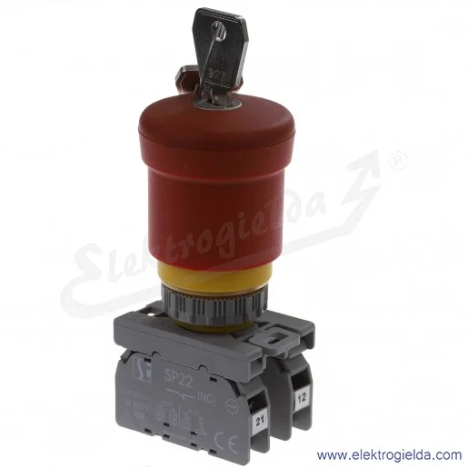 Przycisk sterowniczy kompletny SP22-BSN-02 bezpieczeństwa grzybkowy 2NC odryglowanie przez przekręcenie kluczyka Przycisk sterowniczy kompletny SP22-BSN-02 bezpieczeństwa grzybkowy 2NC odryglowanie przez przekręcenie kluczyka