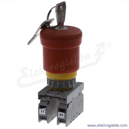 Przycisk sterowniczy kompletny SP22-BSN-02 bezpieczeństwa grzybkowy 2NC odryglowanie przez przekręcenie kluczyka Przycisk sterowniczy kompletny SP22-BSN-02 bezpieczeństwa grzybkowy 2NC odryglowanie przez przekręcenie kluczyka
