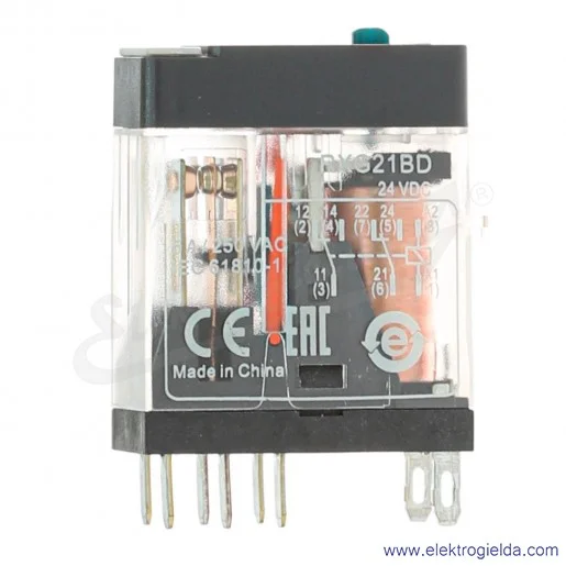 Przekaźnik interfejsowy RXG21BD 24VDC, 2CO, 5A, w standardowej obudowie, z zamykanym przyciskiem test Przekaźnik interfejsowy RXG21BD 24VDC, 2CO, 5A, w standardowej obudowie, z zamykanym przyciskiem test