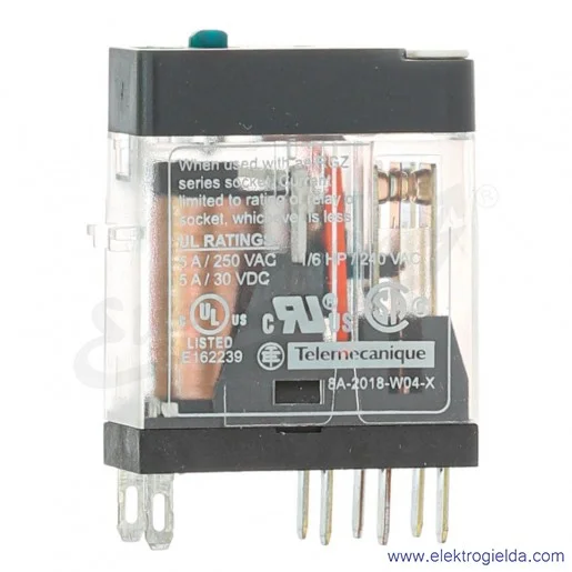 Przekaźnik interfejsowy RXG21BD 24VDC, 2CO, 5A, w standardowej obudowie, z zamykanym przyciskiem test Przekaźnik interfejsowy RXG21BD 24VDC, 2CO, 5A, w standardowej obudowie, z zamykanym przyciskiem test