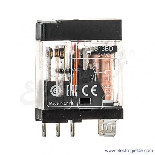 Przekaźnik interfejsowy RXG13BD 24VDC, 1CO, 10A,w standardowej obudowie z sygnalizacją LED Przekaźnik interfejsowy RXG13BD 24VDC, 1CO, 10A,w standardowej obudowie z sygnalizacją LED