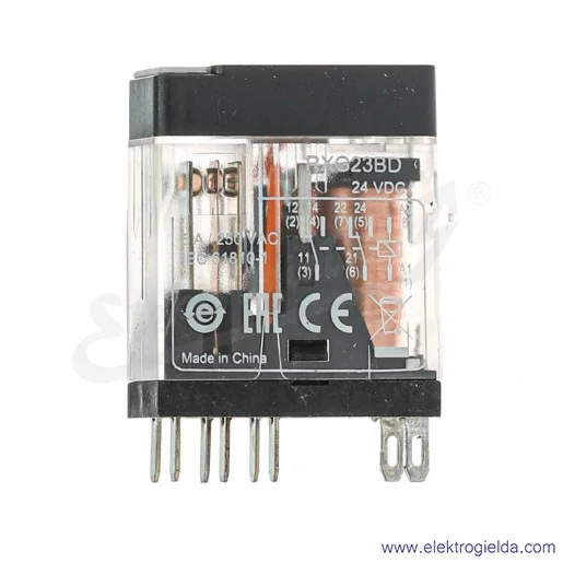 Przekaźnik interfejsowy RXG23BD 24VDC, 2CO, 5A, w standardowej obudowie z sygnalizacją LED Przekaźnik interfejsowy RXG23BD 24VDC, 2CO, 5A, w standardowej obudowie z sygnalizacją LED