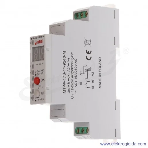 Przekaźnik czasowy wielofunkcyjny MT-W-17S-11-9240-M 1P 12...240VAC/DC z niezależną nastawą czasów T1, T2, T3, 25 funkcji, wyświ Przekaźnik czasowy wielofunkcyjny MT-W-17S-11-9240-M 1P 12...240VAC/DC z niezależną nastawą czasów T1, T2, T3, 25 funkcji, wyświ