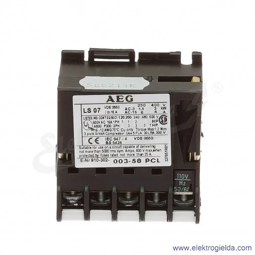 Stycznik LS 07.10 110V AC 50/60 HZ, 1NO, 3KW/400V AC-3, 16A AC-1, 3-polowy Stycznik LS 07.10 110V AC 50/60 HZ, 1NO, 3KW/400V AC-3, 16A AC-1, 3-polowy