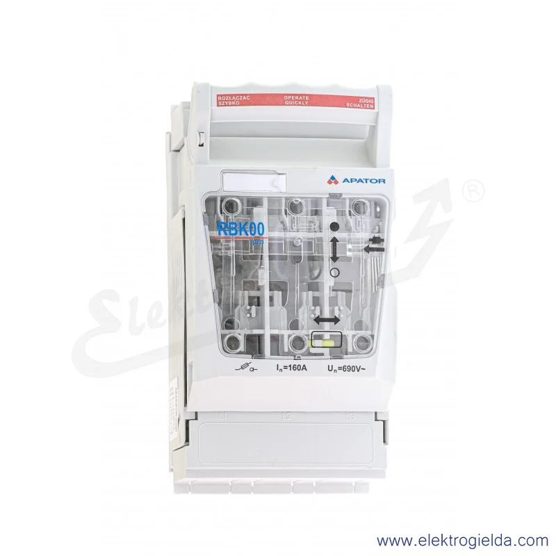 Rozłącznik izolacyjny bezpiecznikowy, RBK 00 PRO-SD-M, na szynę 60mm, zaciski śrubowe (M8) do 70 mm2, odpływ przewodami od dołu Rozłącznik izolacyjny bezpiecznikowy, RBK 00 PRO-SD-M, na szynę 60mm, zaciski śrubowe (M8) do 70 mm2, odpływ przewodami od dołu