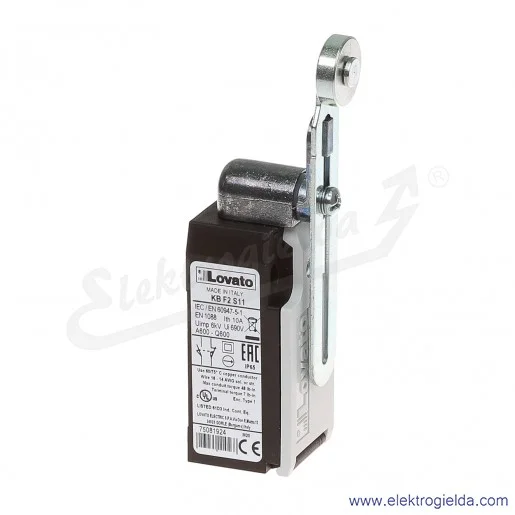 wyłącznik krańcowy KBF2S11 dźwignia uchylna regulowana z rolką metalową 19mm, styki 1NO+1NC, obudowa plastikowa IP65 wyłącznik krańcowy KBF2S11 dźwignia uchylna regulowana z rolką metalową 19mm, styki 1NO+1NC, obudowa plastikowa IP65