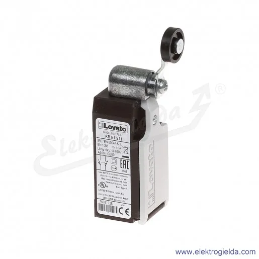 wyłącznik krańcowy KBE1S11 dźwignia uchylna z rolką plastikową 19mm, styki 1NO+1NC, obudowa plastikowa IP65 wyłącznik krańcowy KBE1S11 dźwignia uchylna z rolką plastikową 19mm, styki 1NO+1NC, obudowa plastikowa IP65