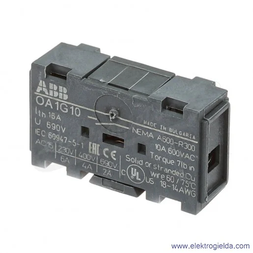 Styk pomocniczy 1SCA022353R4970, OA1G10, 1NO, do OT16-40F, OT16-40FT, OT63-80F Styk pomocniczy 1SCA022353R4970, OA1G10, 1NO, do OT16-40F, OT16-40FT, OT63-80F