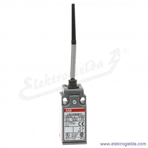 Wyłącznik krańcowy 1SBV010192R1211, LS31P92B11, 1NO1NC, 10A, pręt sprężysty z izolowaną końcówką Wyłącznik krańcowy 1SBV010192R1211, LS31P92B11, 1NO1NC, 10A, pręt sprężysty z izolowaną końcówką